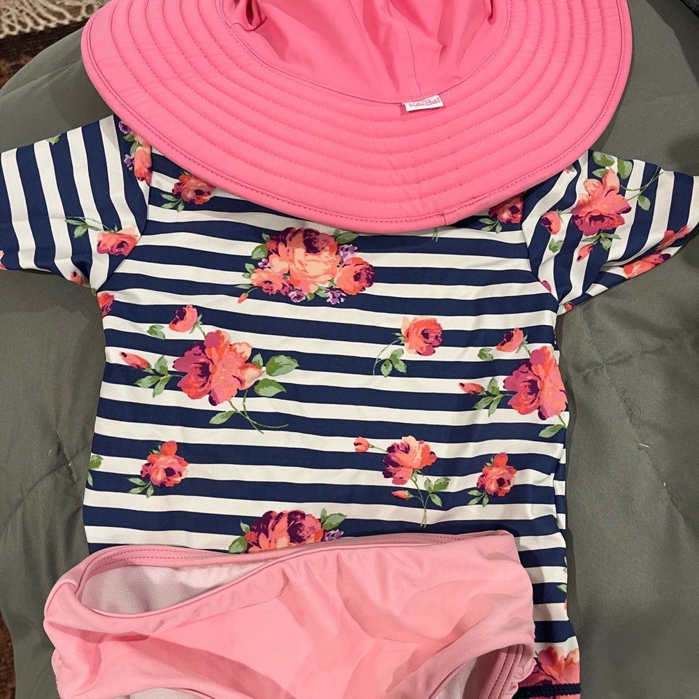 Ruffle Butts Navy Floral Striped Rashguard Set with Pink Hat